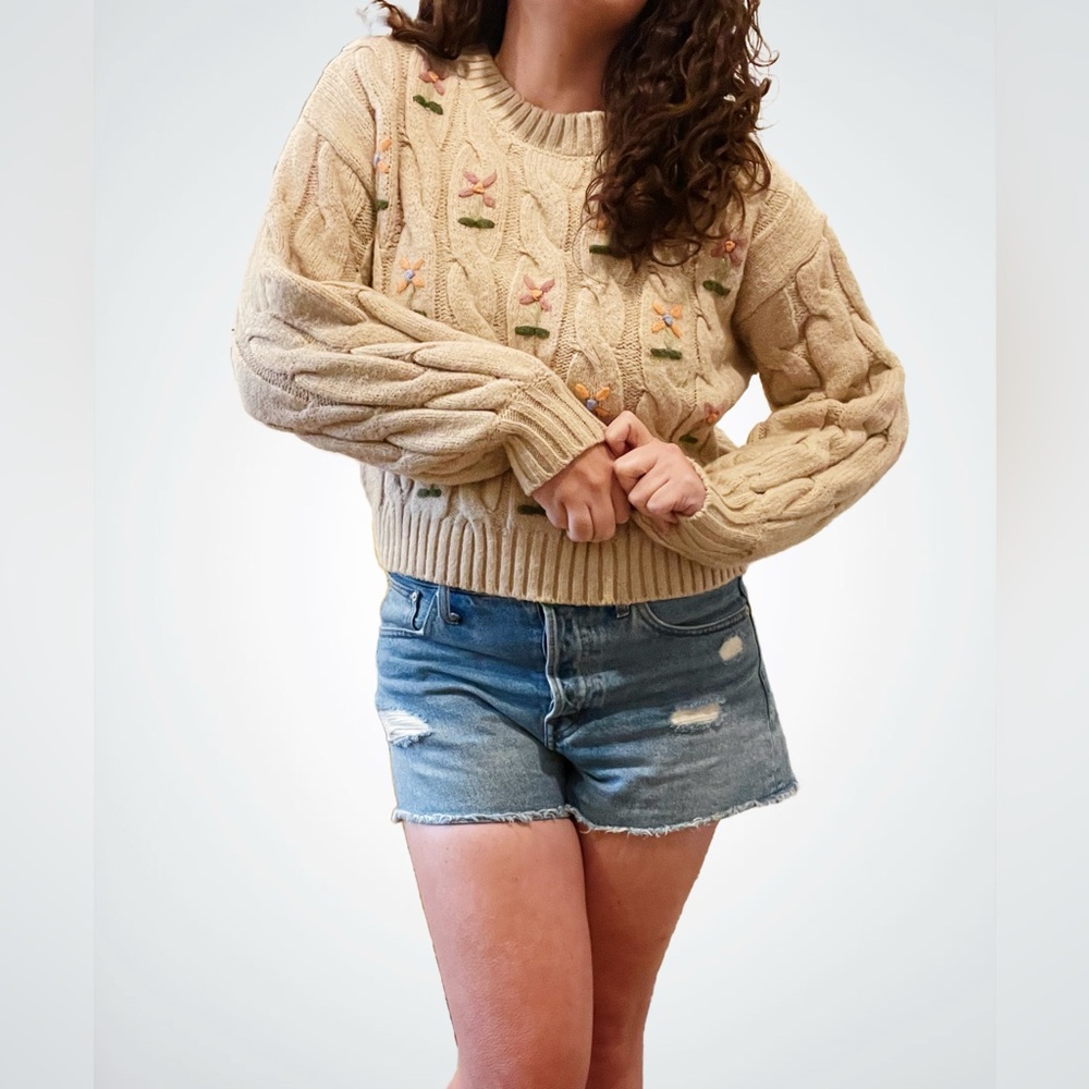 In Bloom Chunky Knit Floral Embroidered Sweater, Taupe, Small